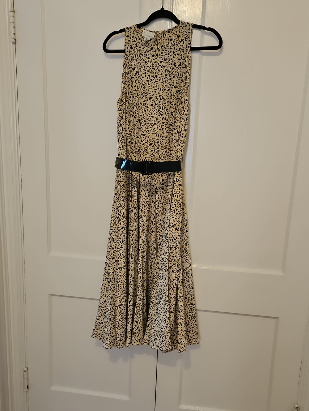 VINTAGE Silk Sleeveless St. Gillian Black/Cream Ocelet Midi Dress w/Belt Size 14